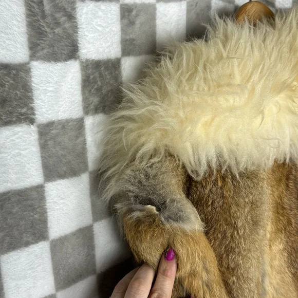 Vintage Genuine rabbit fur coat big collar chunky wool trim belt S *see note! - Picture 11 of 14